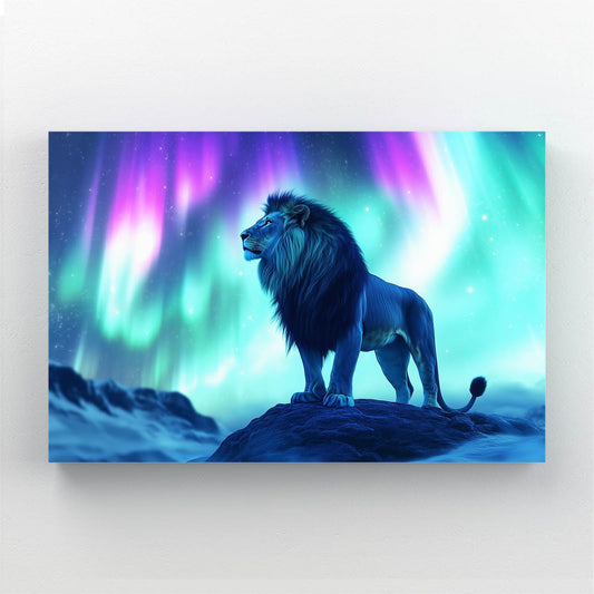 Lion Wall Art Work — digital canvas print in blue tones, angled canvas view on white background