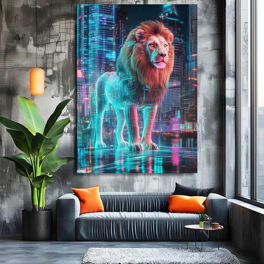 Lions Wall Decor — cyberpunk canvas print in blue tones, view 3