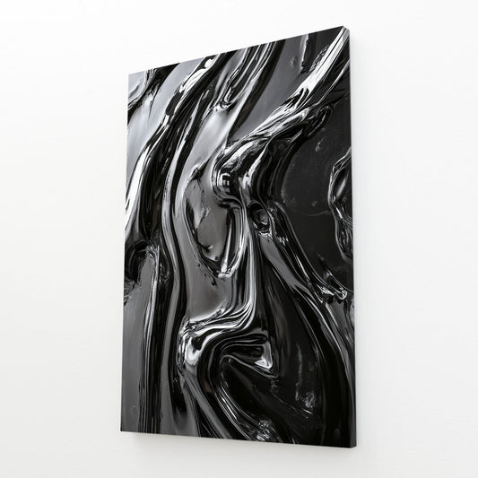 Liquid Obsidian Flow Abstract Wall Art – angled canvas view on white background