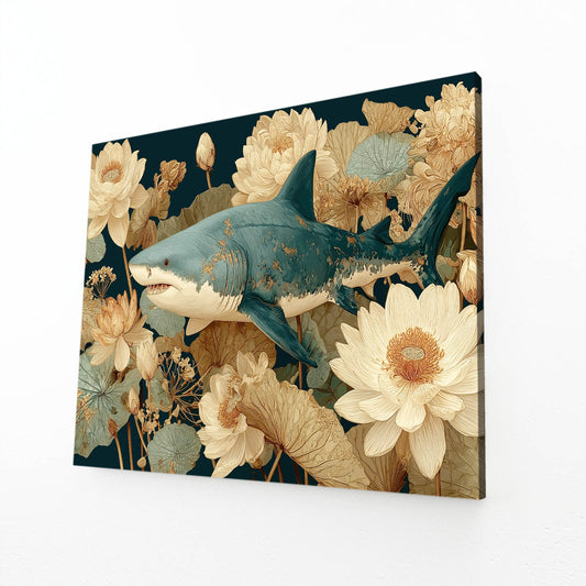 Lotus Blossom Vintage Shark Canvas – angled canvas view on white background