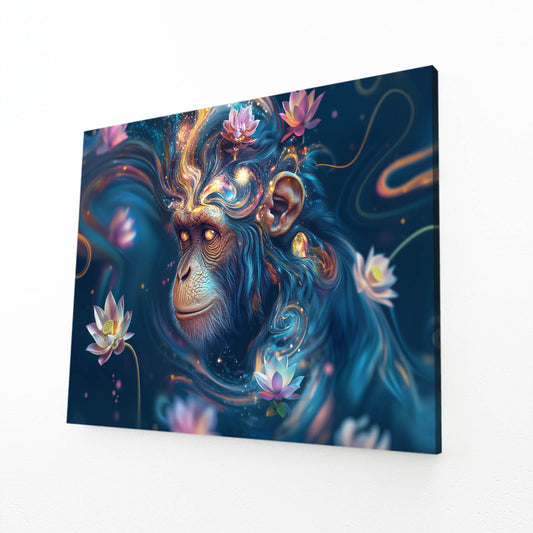 Lotus Dream Spirit Monkey Wall Art – angled canvas view on white background