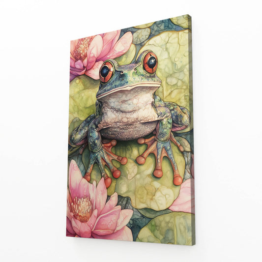 Lotus Pond Watercolor Frog Wall Art – angled canvas view on white background