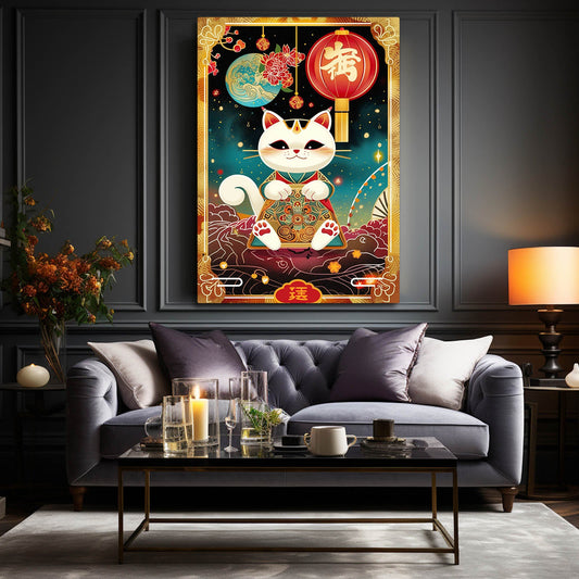 Lucky Charm Cat Wall Art — japanese canvas print in orange tones, view 3