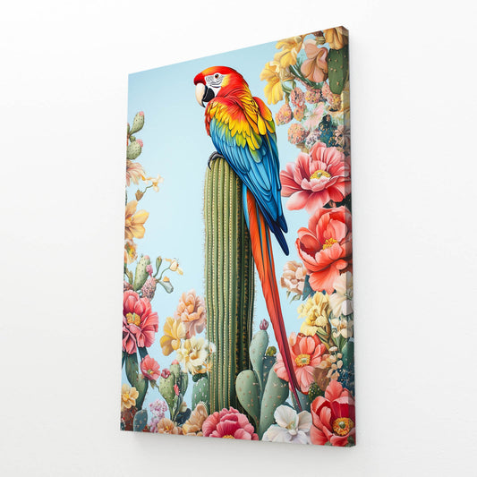 Macaw On Bloom Cactus Wall Art – angled canvas view on white background