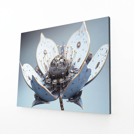 Mechanical Lotus Bloom Steampunk Prints – angled canvas view on white background