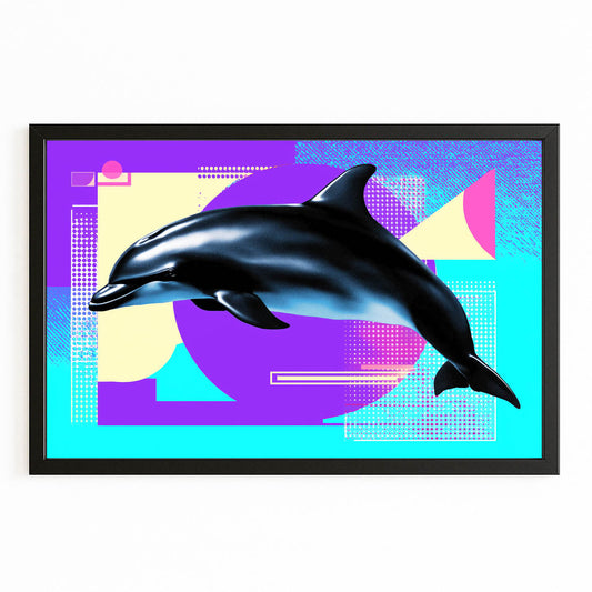 Memphis Splash Dolphin Wall Decor – with Premium Black wood frame on white background