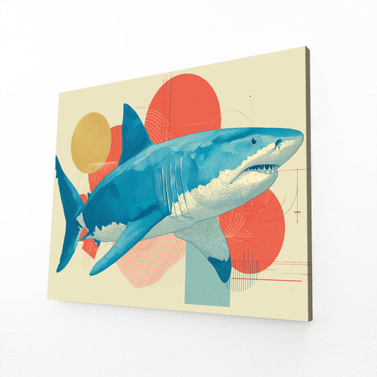 Mid Century Geometric Shark Art – angled canvas view on white background