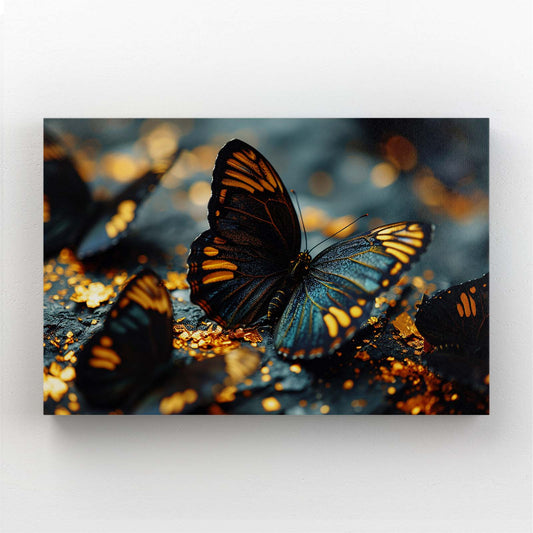 Midnight Gold Butterfly Wall Art — luxury canvas print in black tones
