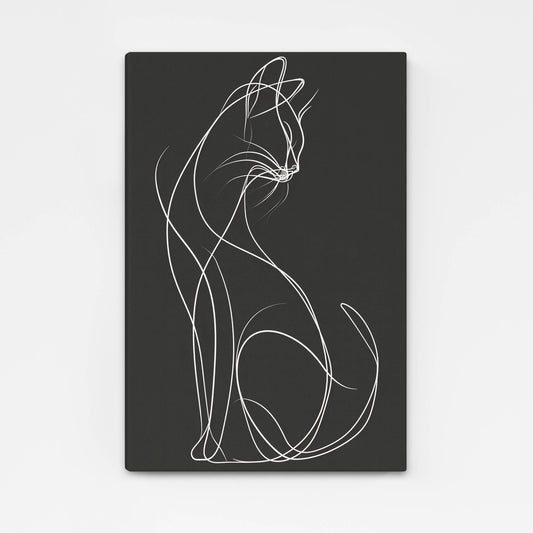 Minimal Line Cat Wall Art — black and white canvas print in gray tones, angled canvas view on white background