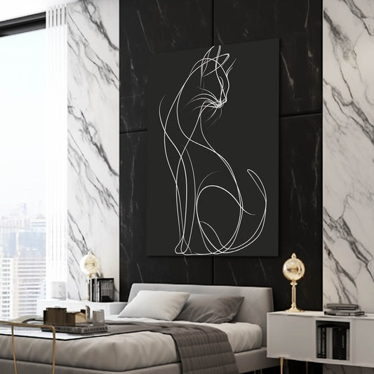 Minimal Line Cat Wall Art — black and white canvas print in gray tones, view 3