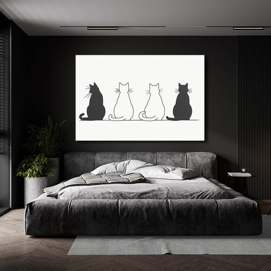 Minimalist Cats Line Cat Wall Art — black and white canvas print in white tones, view 3