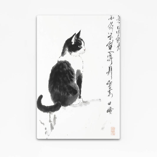 Black Ink Sitting Cat Art — black and white canvas print in white tones, angled canvas view on white background