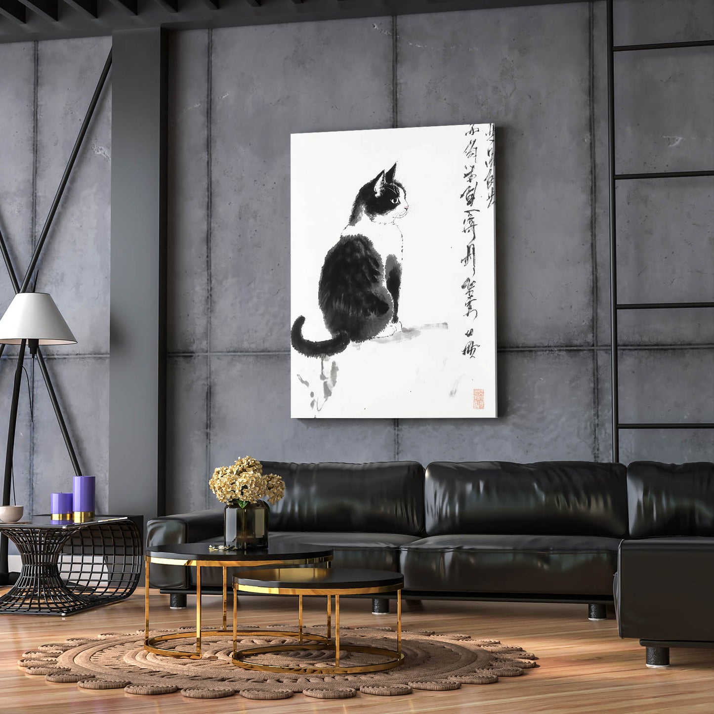 Black Ink Sitting Cat Art