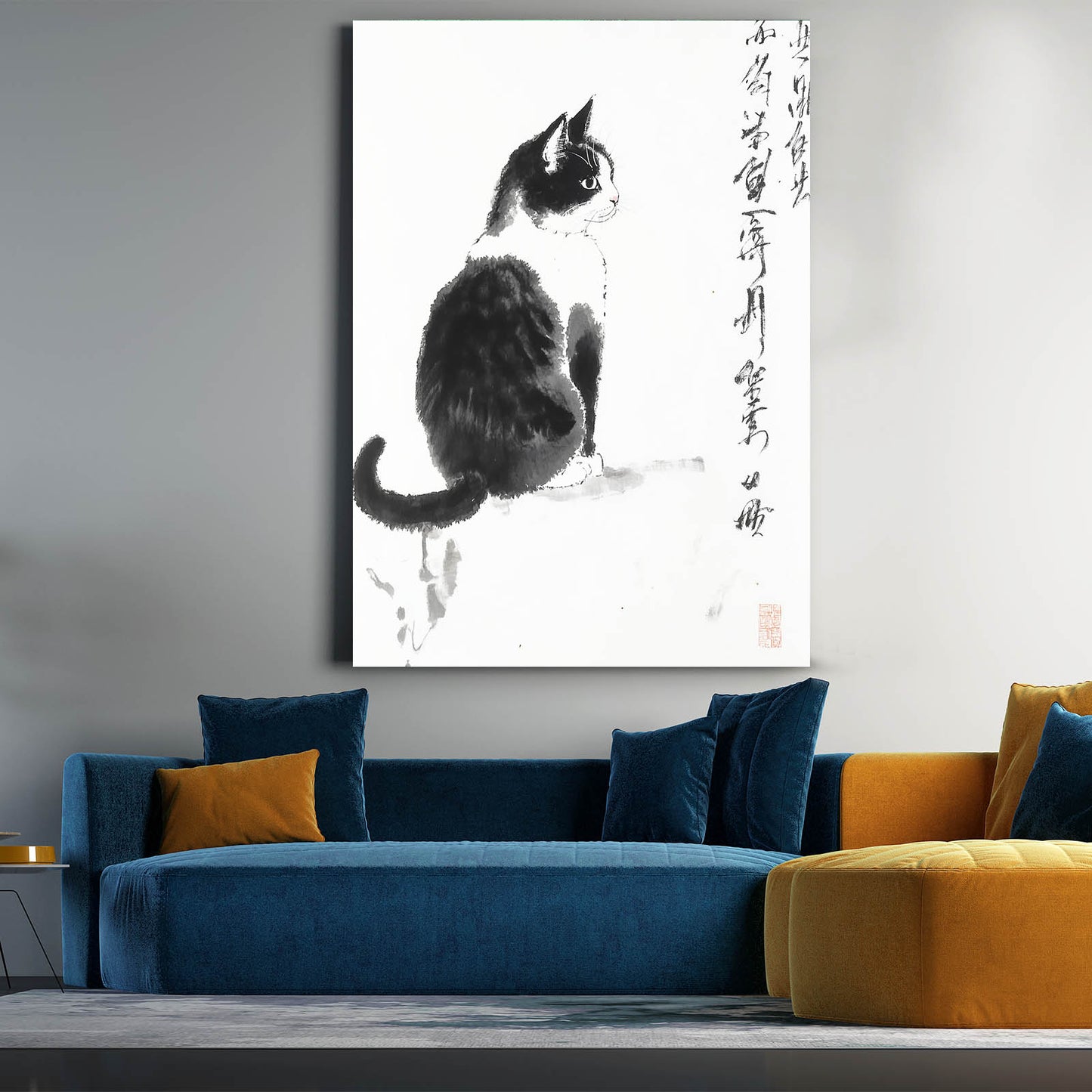 Black Ink Sitting Cat Art
