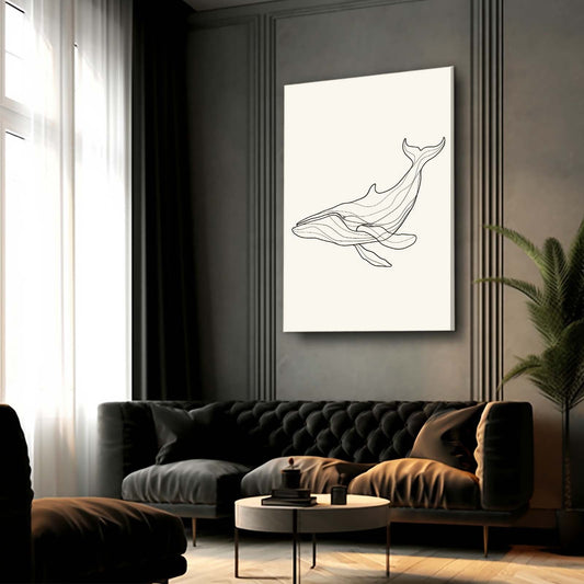 Minimalist Line Art Whale — black and white canvas print in white tones, view 3