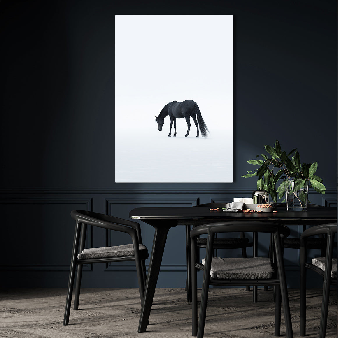 Minimalist Office Horse Artwork – angled canvas view on white background