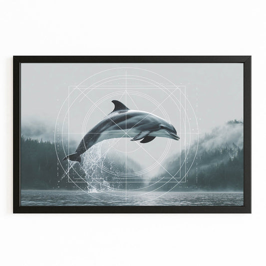 Misty Fjord Dolphin Art – with Premium Black wood frame on white background