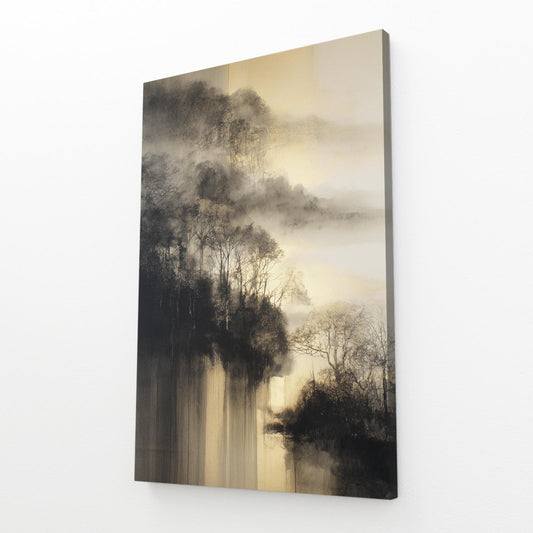 Misty Gold Forest Prints – angled canvas view on white background