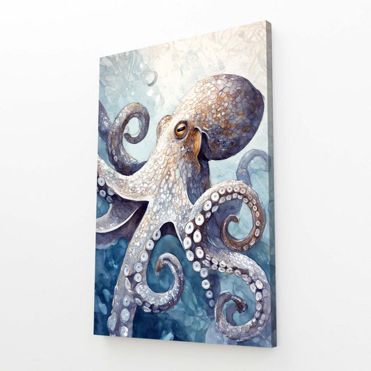 Misty Ocean Realism Octopus Prints – angled canvas view on white background