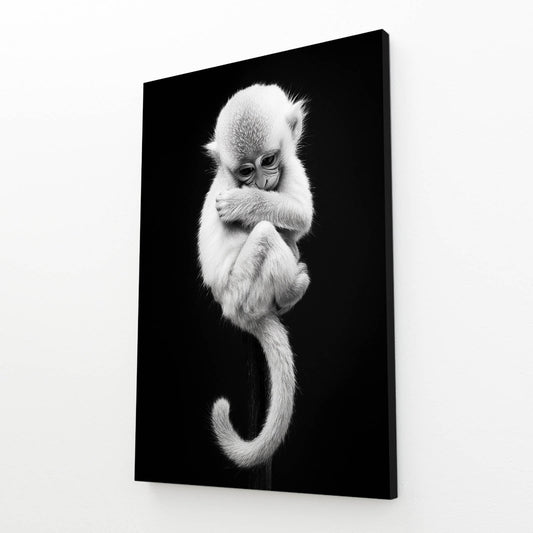 Monochrome Hanging Tail Monkey Canvas – angled canvas view on white background