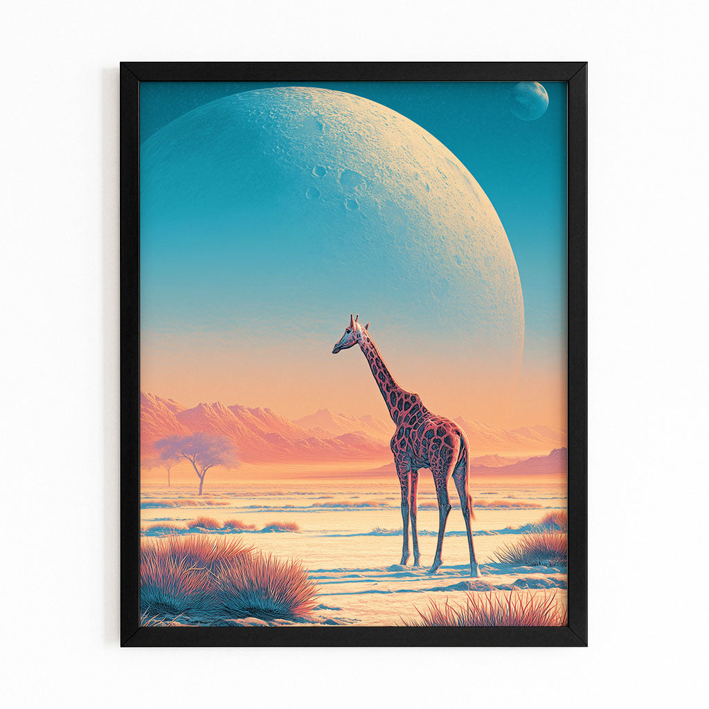Framed artwork of a giraffe standing on a planet with a large moon in the sky.