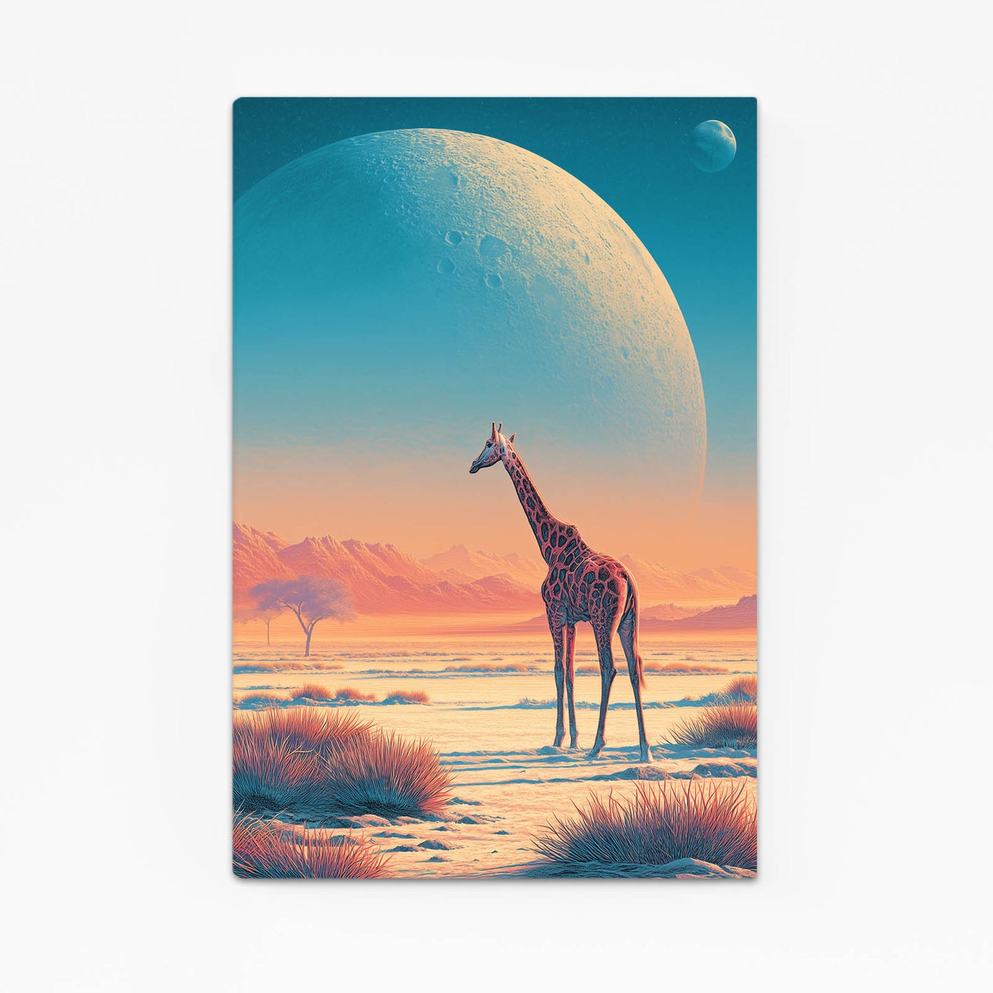 Giraffe standing on a snowy landscape with a large planet in the sky