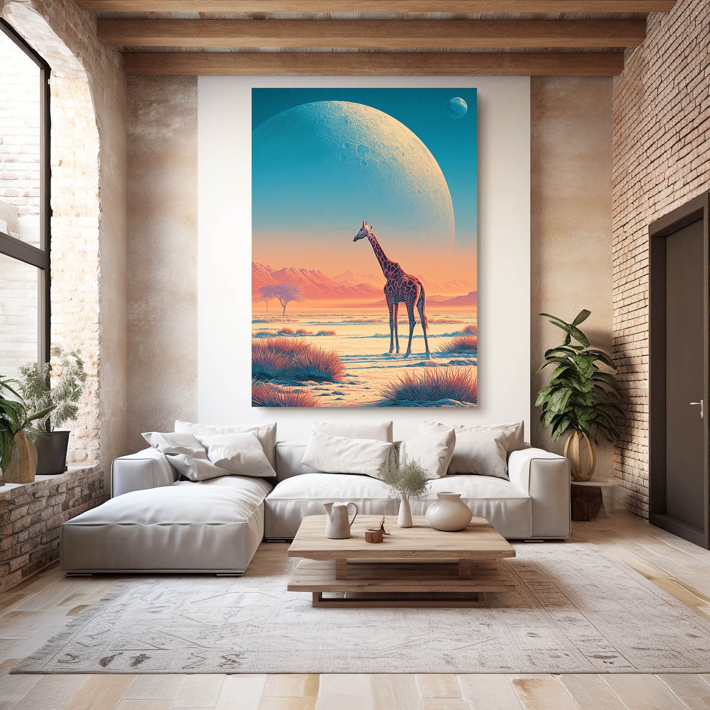 Living room with a large painting of a giraffe and planet on the wall.