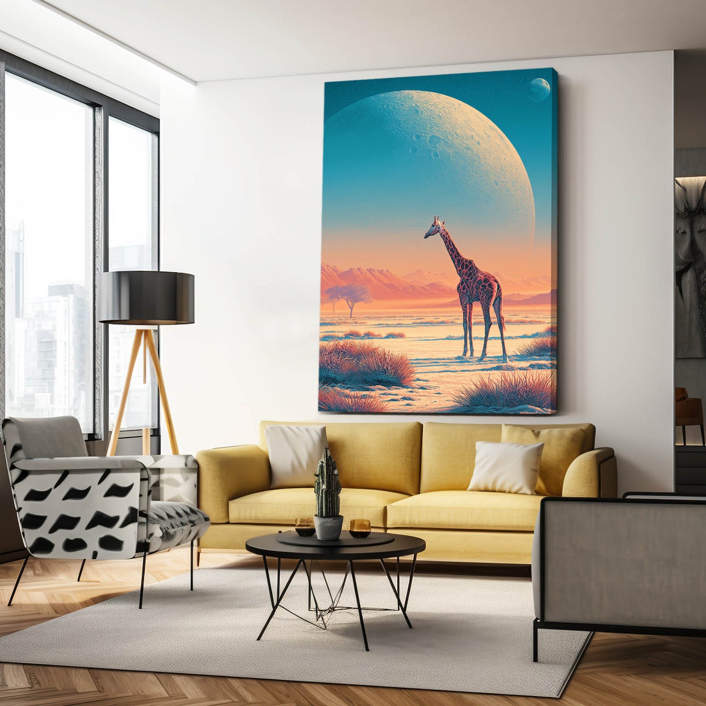 Living room with a large painting of a giraffe on a planet.