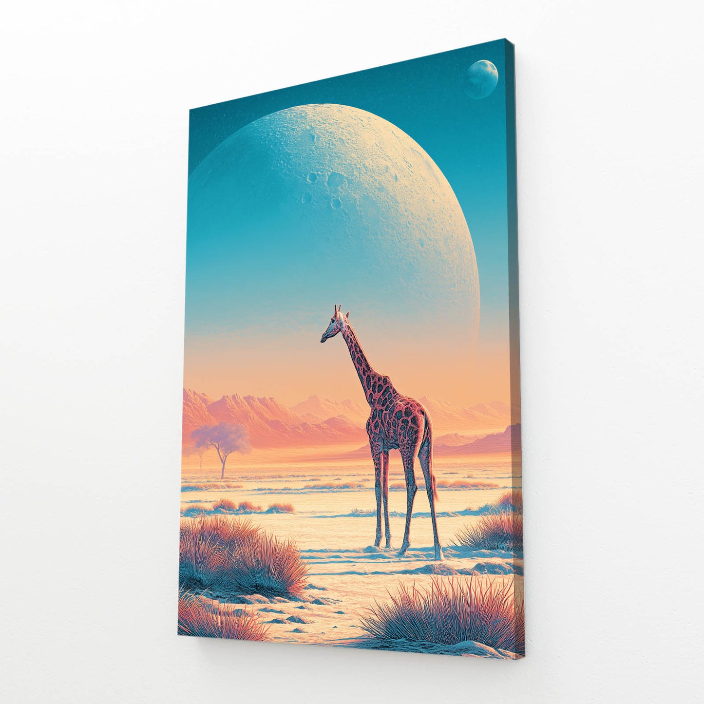 Giraffe standing on a planet with a large moon in the sky