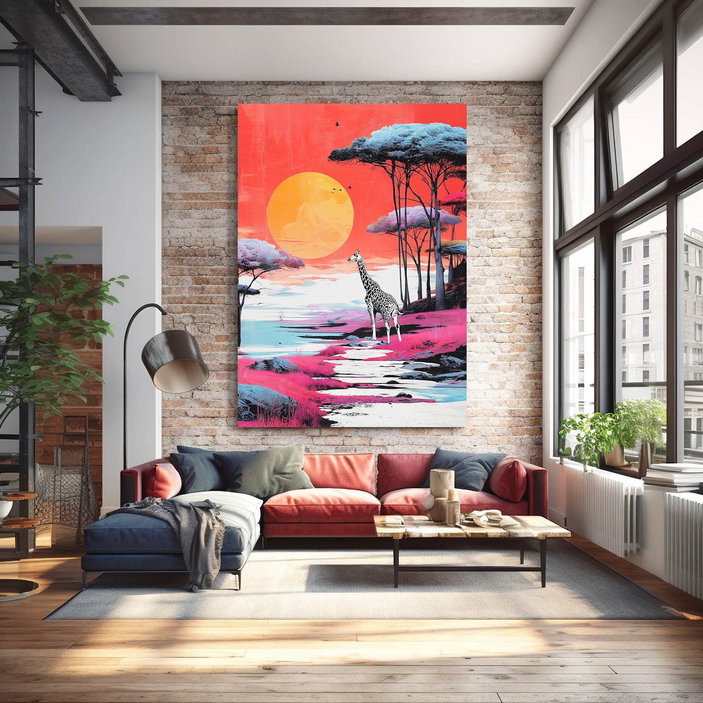 Modern living room with a colorful painting of a giraffe on a brick wall.