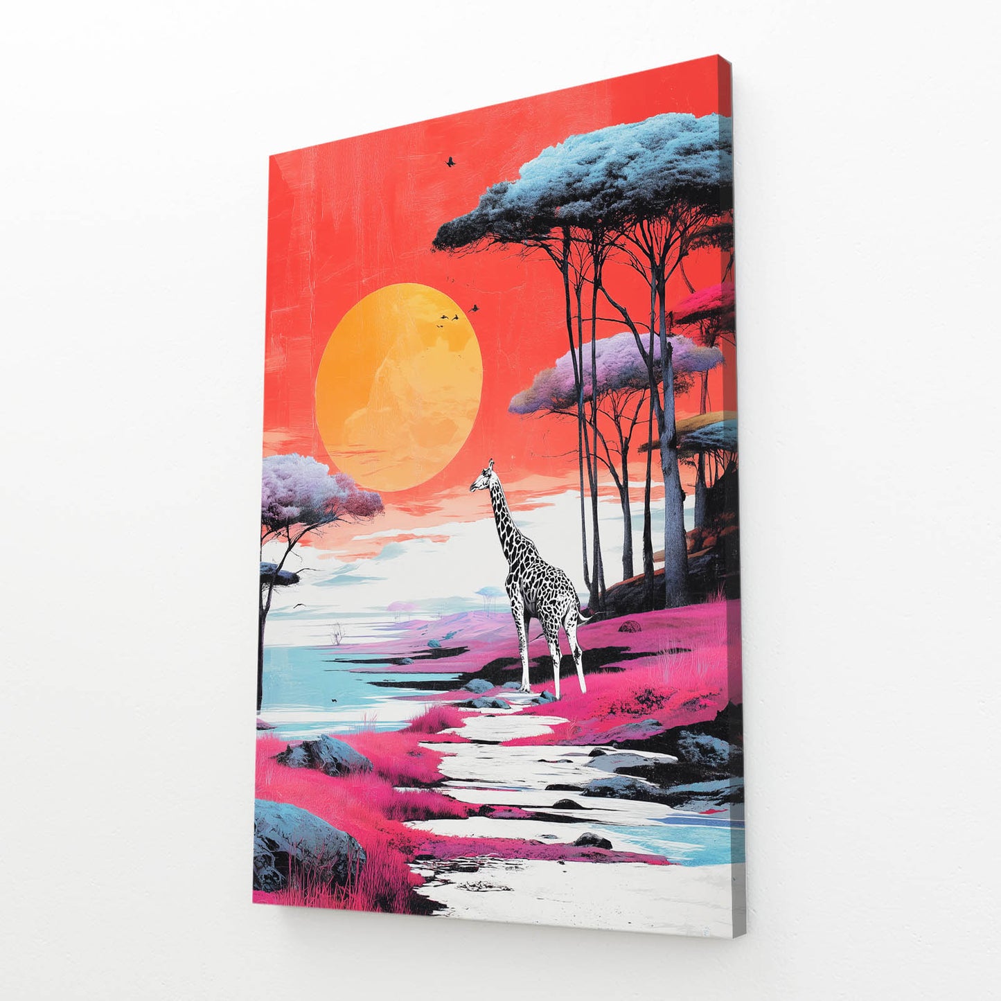 Canvas print of a stylized landscape with a giraffe, trees, and a large sun on a white background.