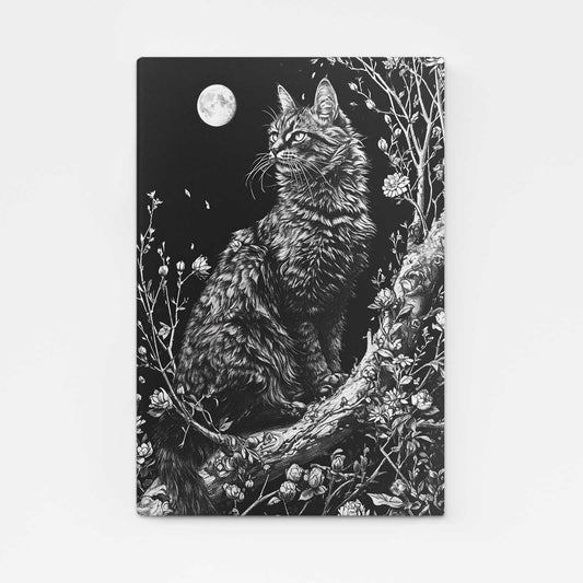Moonlight Cat Art – angled canvas view on white background