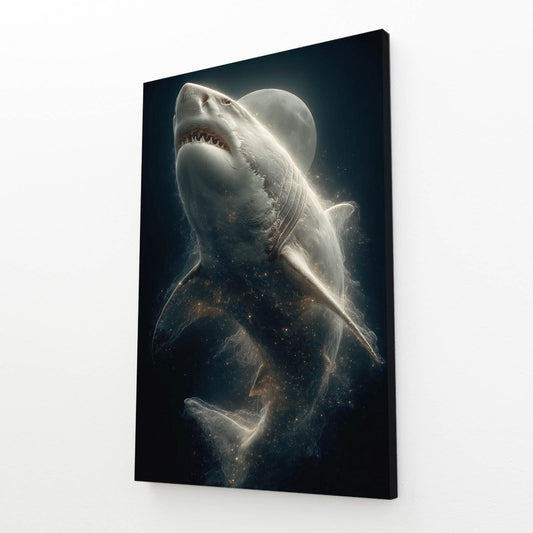 Moonlit Depths Shark Art – angled canvas view on white background