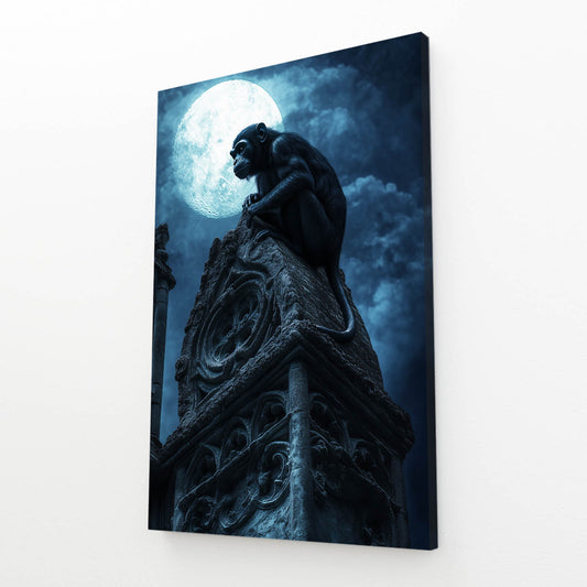 Moonlit Statue Guardian Monkey Art – angled canvas view on white background