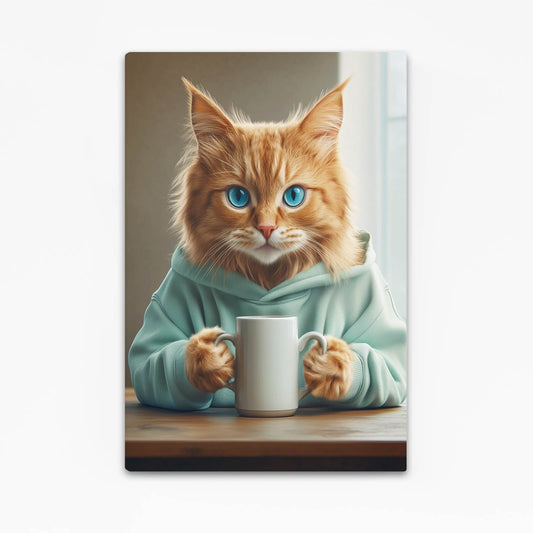 Morning Coffee Cat Art — digital canvas print in brown tones, canvas print on white background