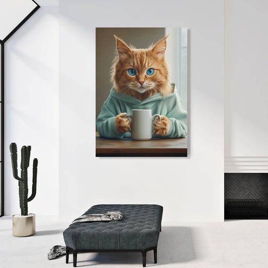 Morning Coffee Cat Art — digital canvas print in brown tones, view 3