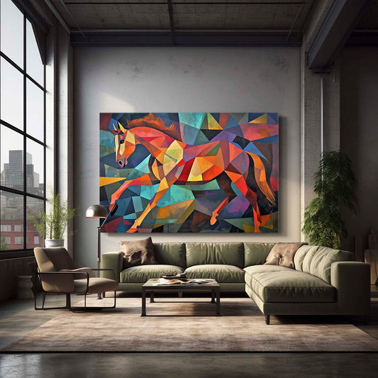 Mosaic Abstract Horse Art – angled canvas view on white background