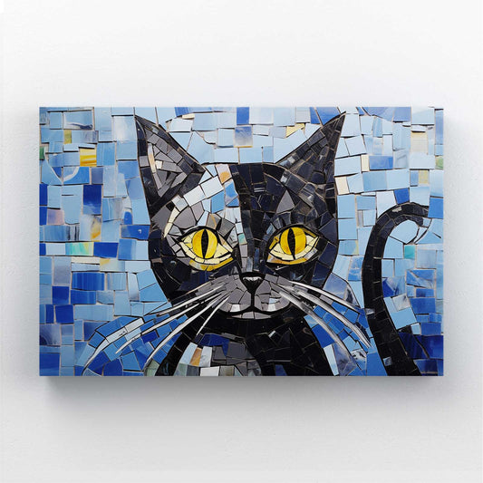 Mosaic Blue Cat Wall Art — mosaic canvas print in blue tones, canvas print on white background
