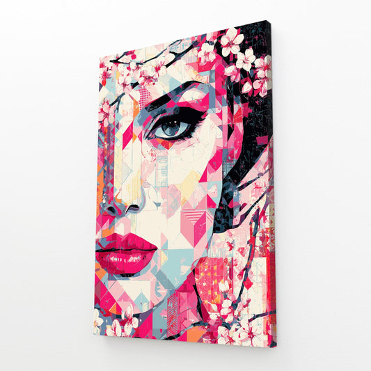 Mosaic Face Portrait Cherry Blossom Wall Art – angled canvas view on white background