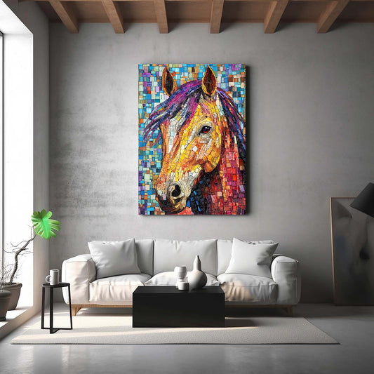 Mosaic Horse Art – angled canvas view on white background