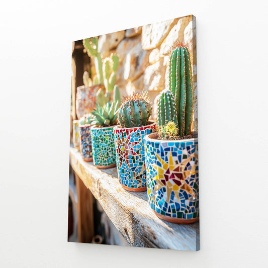Mosaic Pot Shelf Cactus Canvas Art – angled canvas view on white background