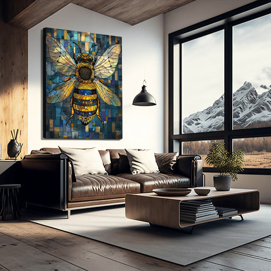 Mosaic Style Bee Art — abstract canvas print in blue tones, view 3