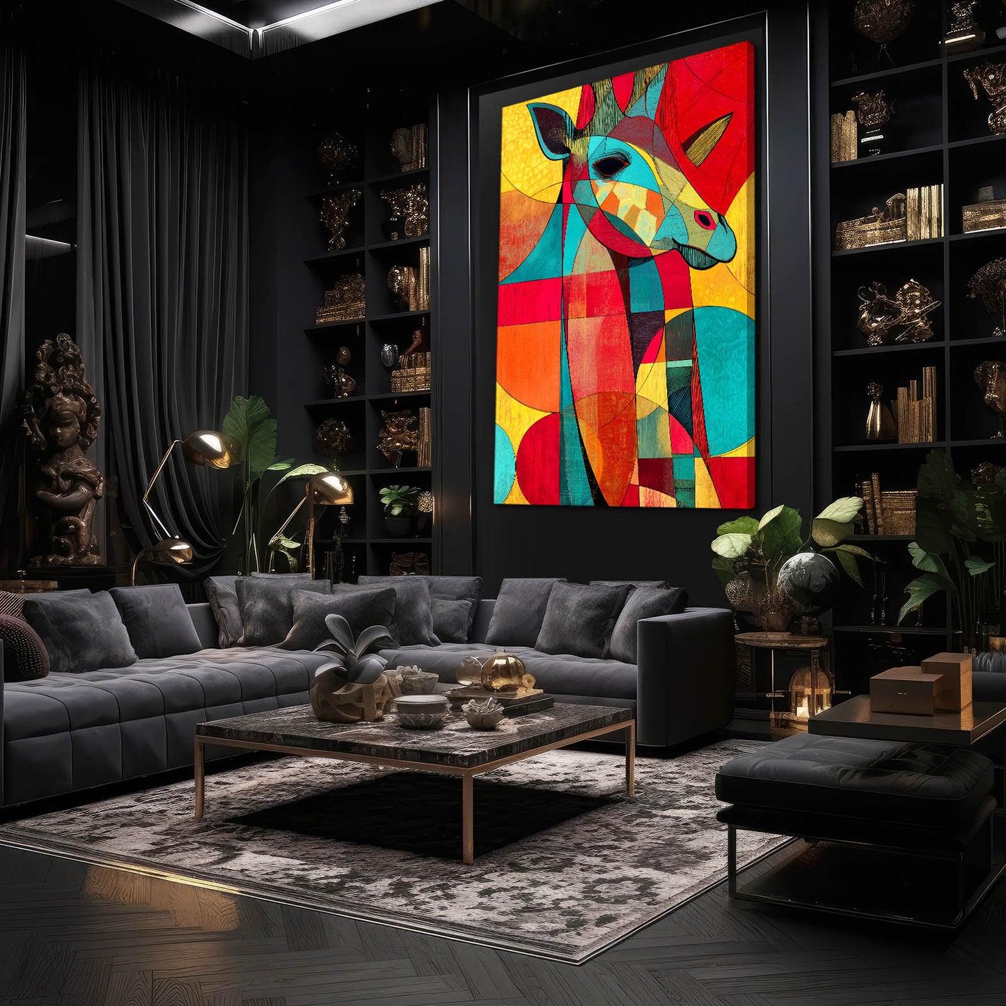 Modern living room with a colorful abstract painting of a deer on the wall.