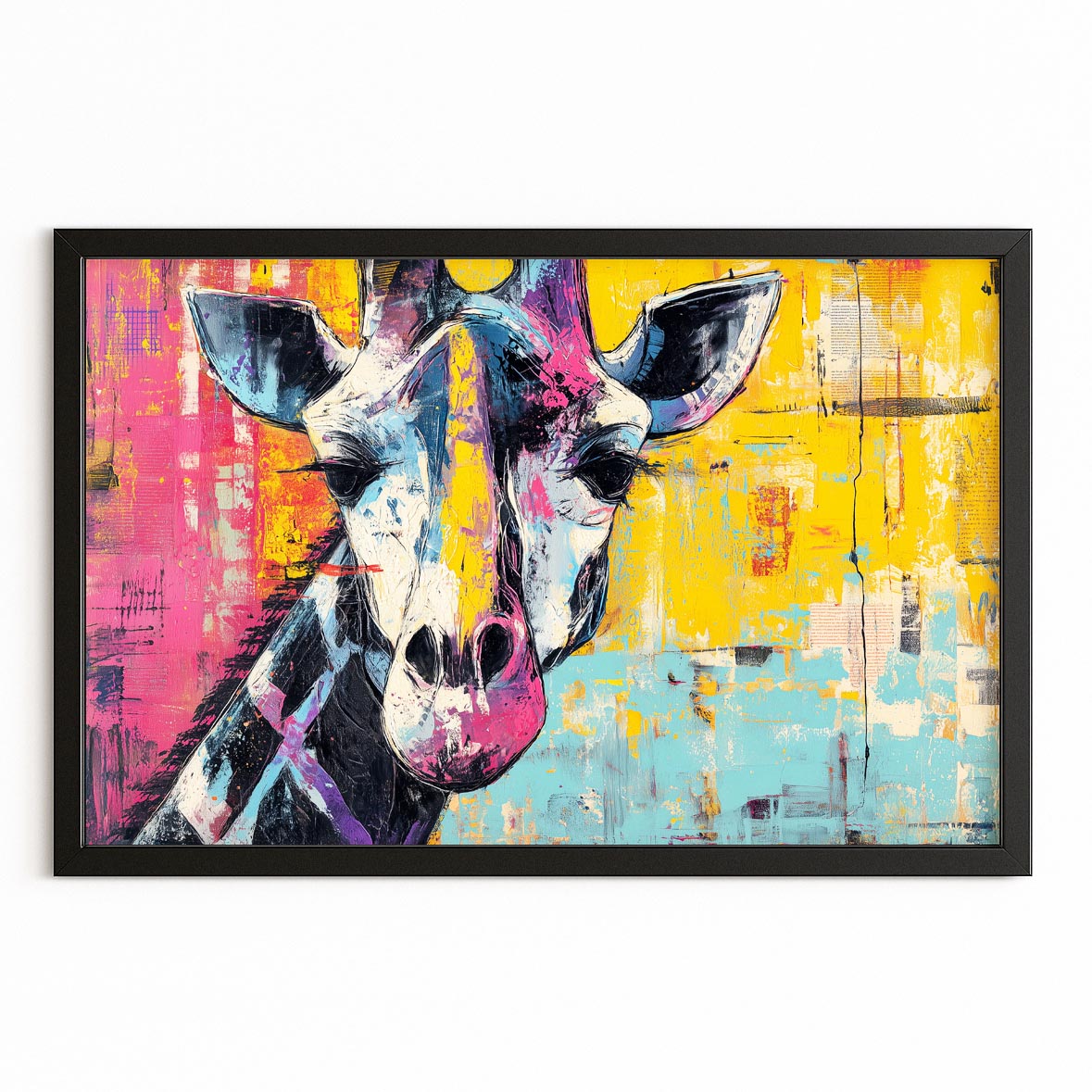 Colorful abstract painting of a giraffe's face on a white background
