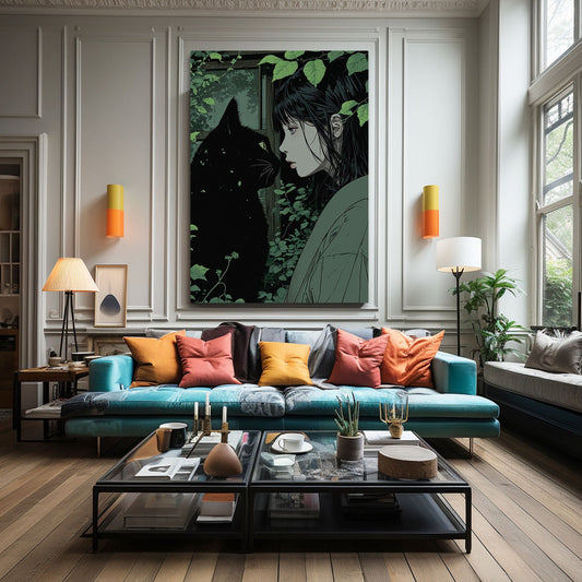 Mystic Bond Cat Wall Art — anime canvas print in black tones, view 3