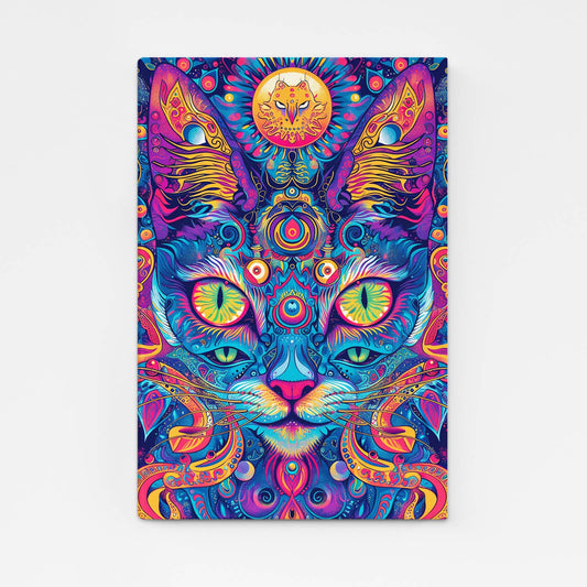 Mystic Cat Mandala Art — psychedelic canvas print in blue tones, angled canvas view on white background