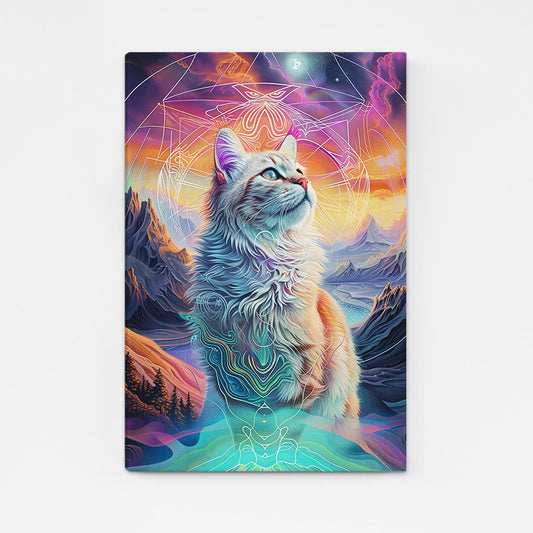 Mystic Horizon Cat Art — digital canvas print in blue tones, angled canvas view on white background