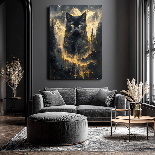 Mystic Mountains Cat Wall Art — fantasy canvas print in brown tones, view 3