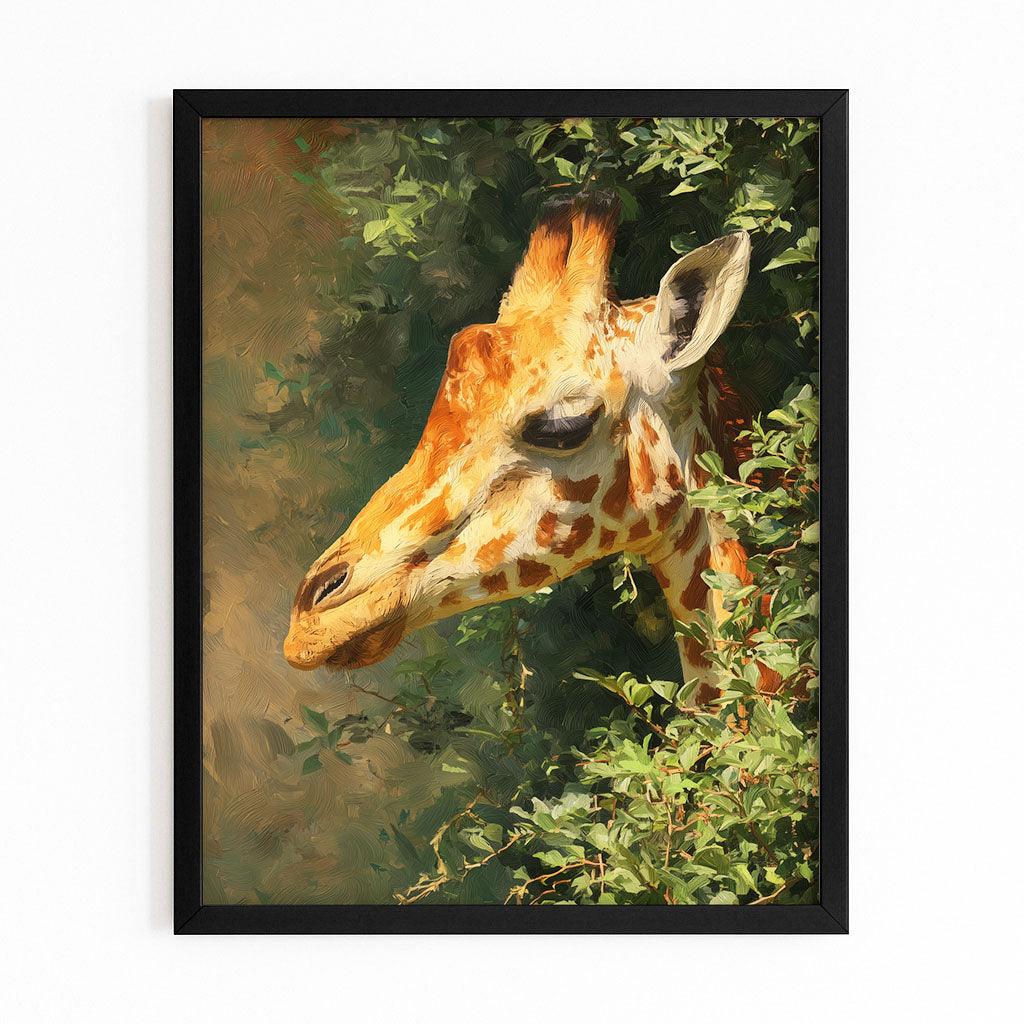 Framed painting of a giraffe amidst green foliage
