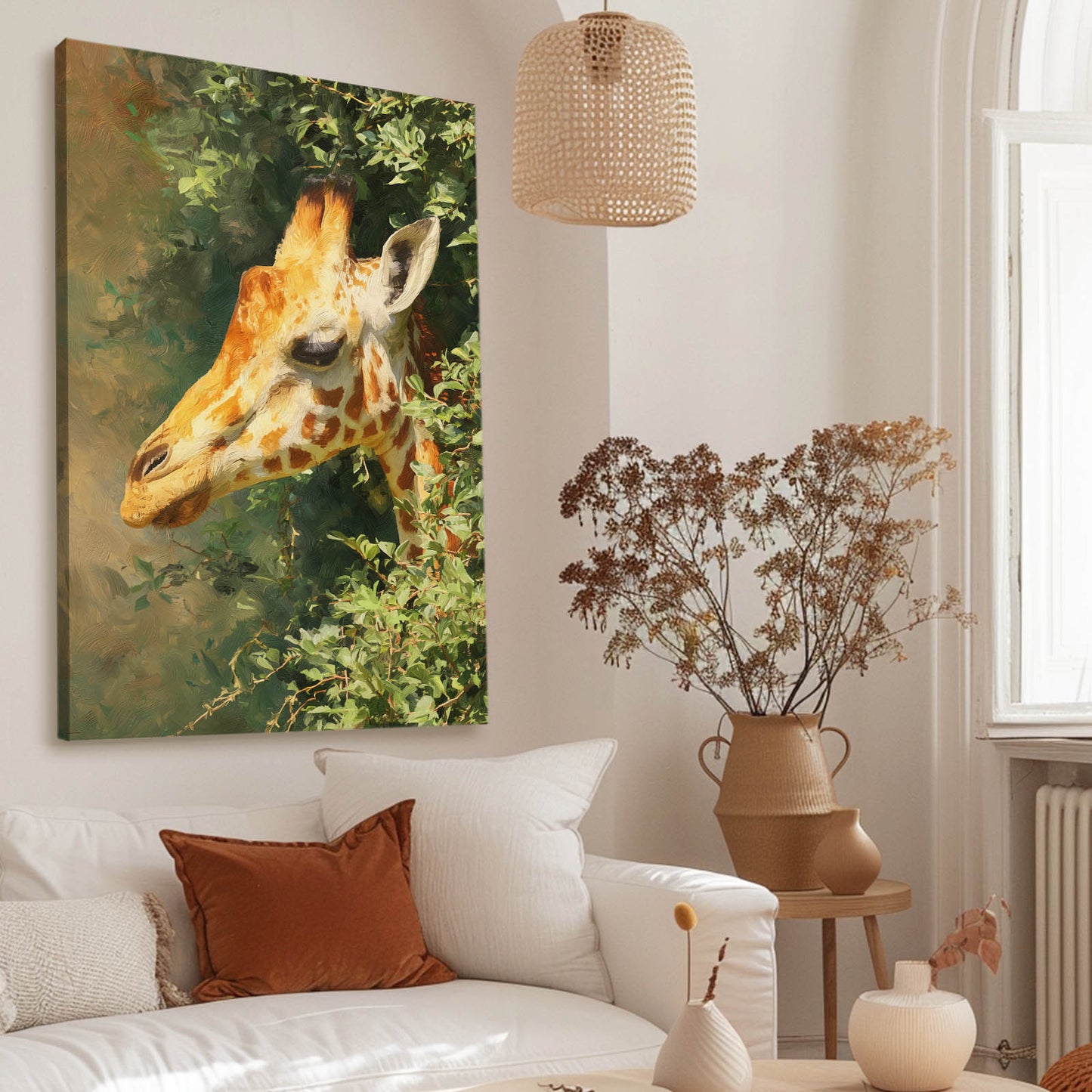 Living room with a giraffe painting on the wall, white sofa, and decorative elements.